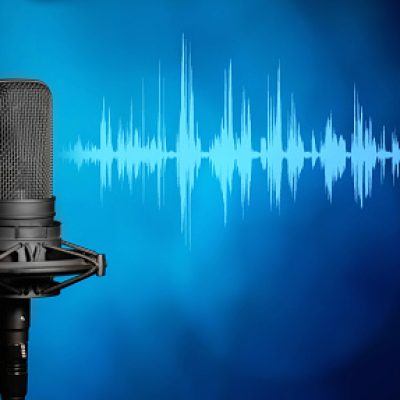 Broadcasting or podcasting microphone background with copy space